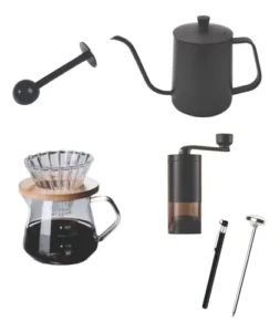 Set Café Cafetera Goteo + jarra Acero + molinillo + cuchara + Termómetro